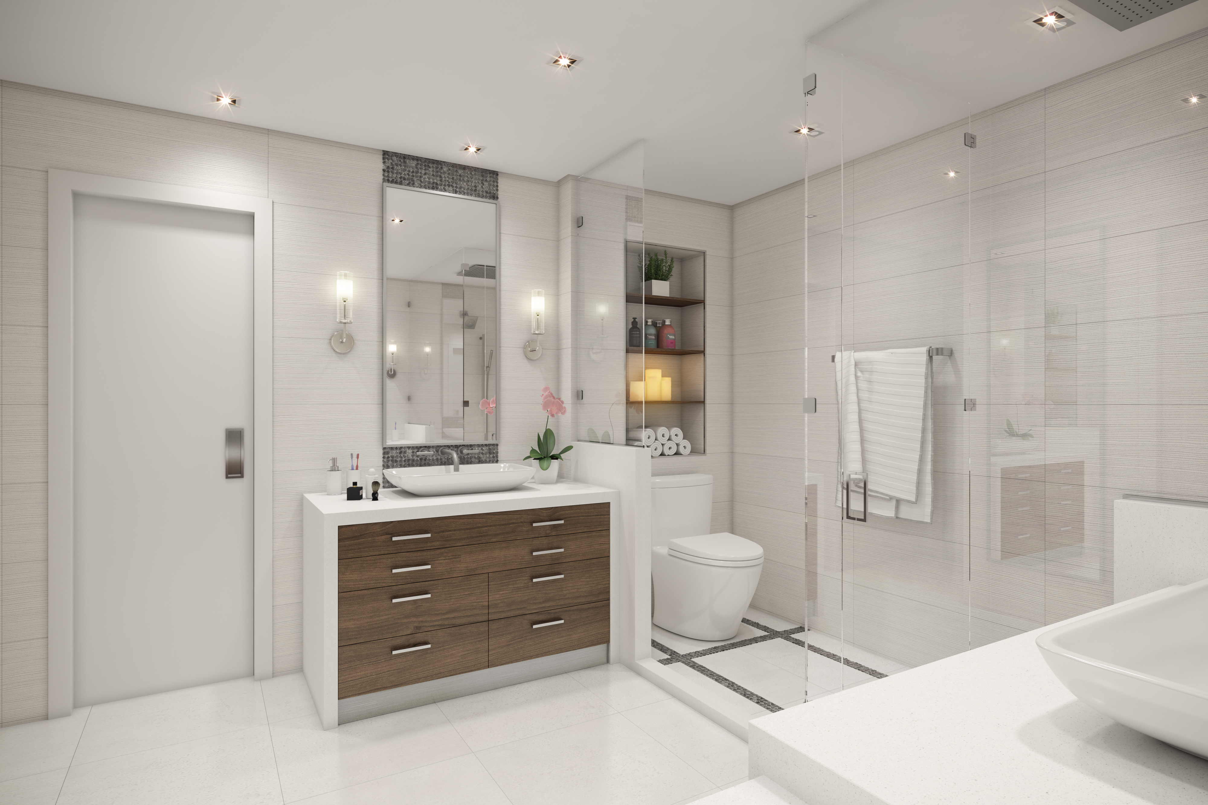 Bathroom remodel with neutral colors and wood vanity