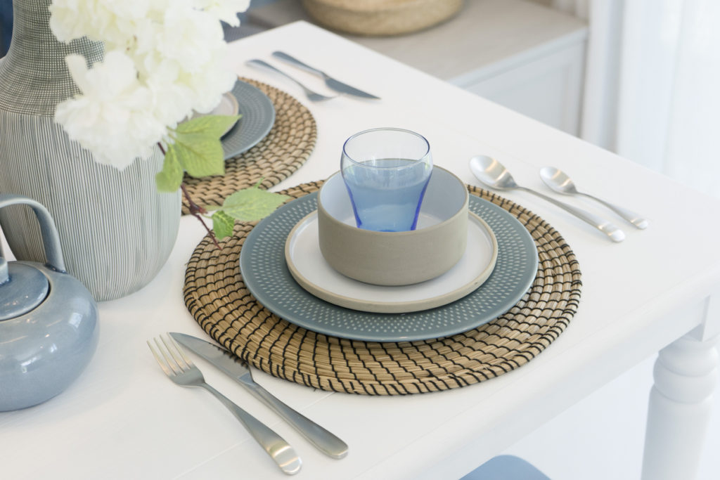 Placesetting in Neutral Tones with Blue Accents